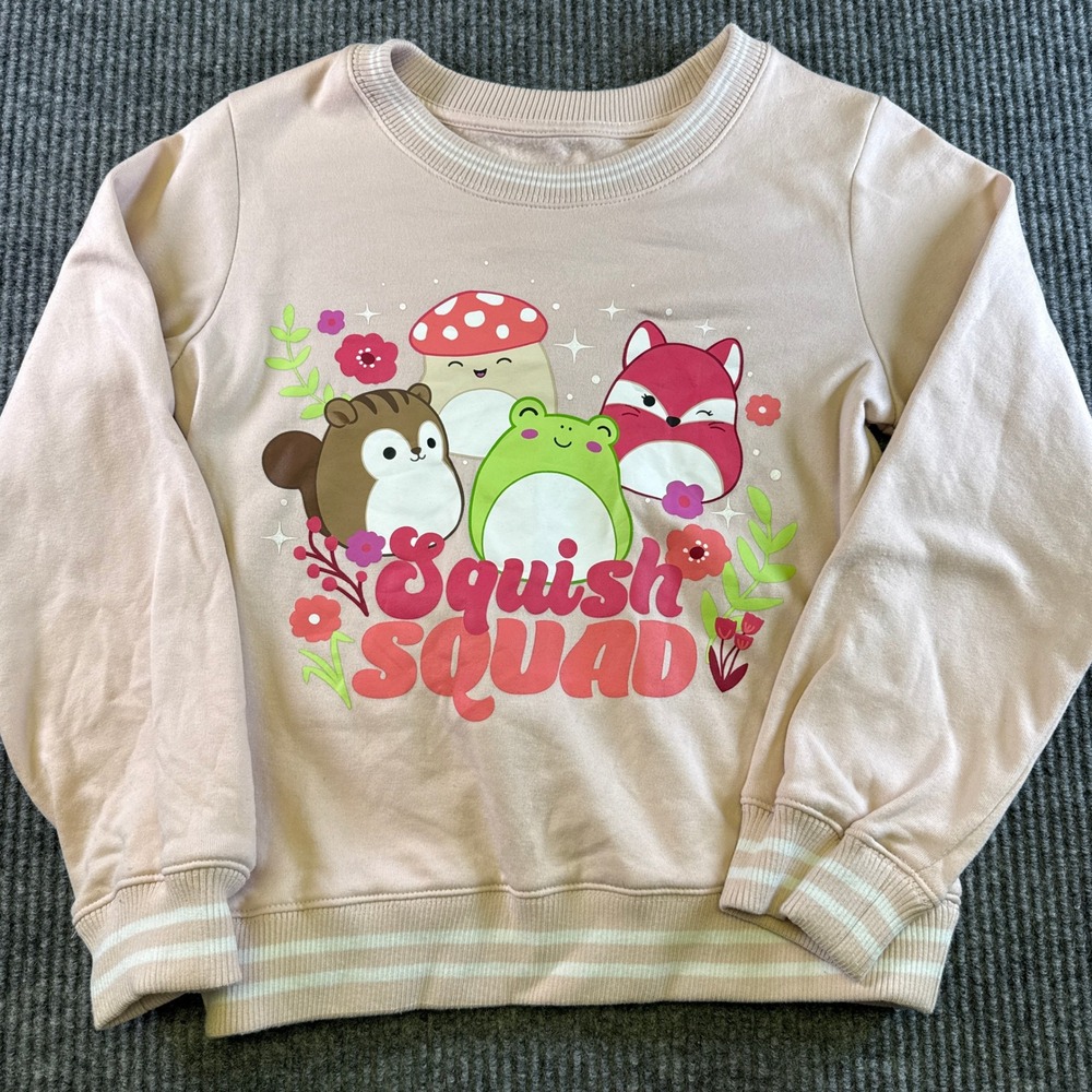 Squishmallows Squish Squad Peach Pink Fleece Sweatshirt Kids L Mushroom Frog
